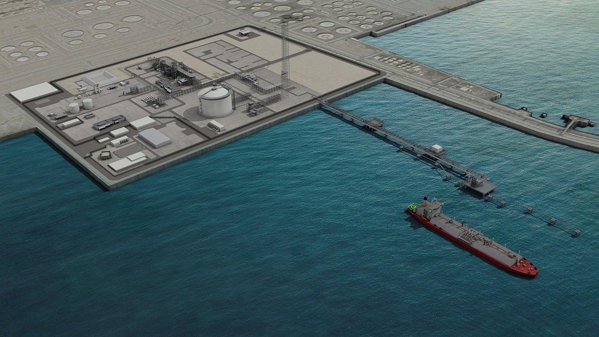Vue 3D du projet Marsa LNG de TotalEnergies, port de Sohar, Oman